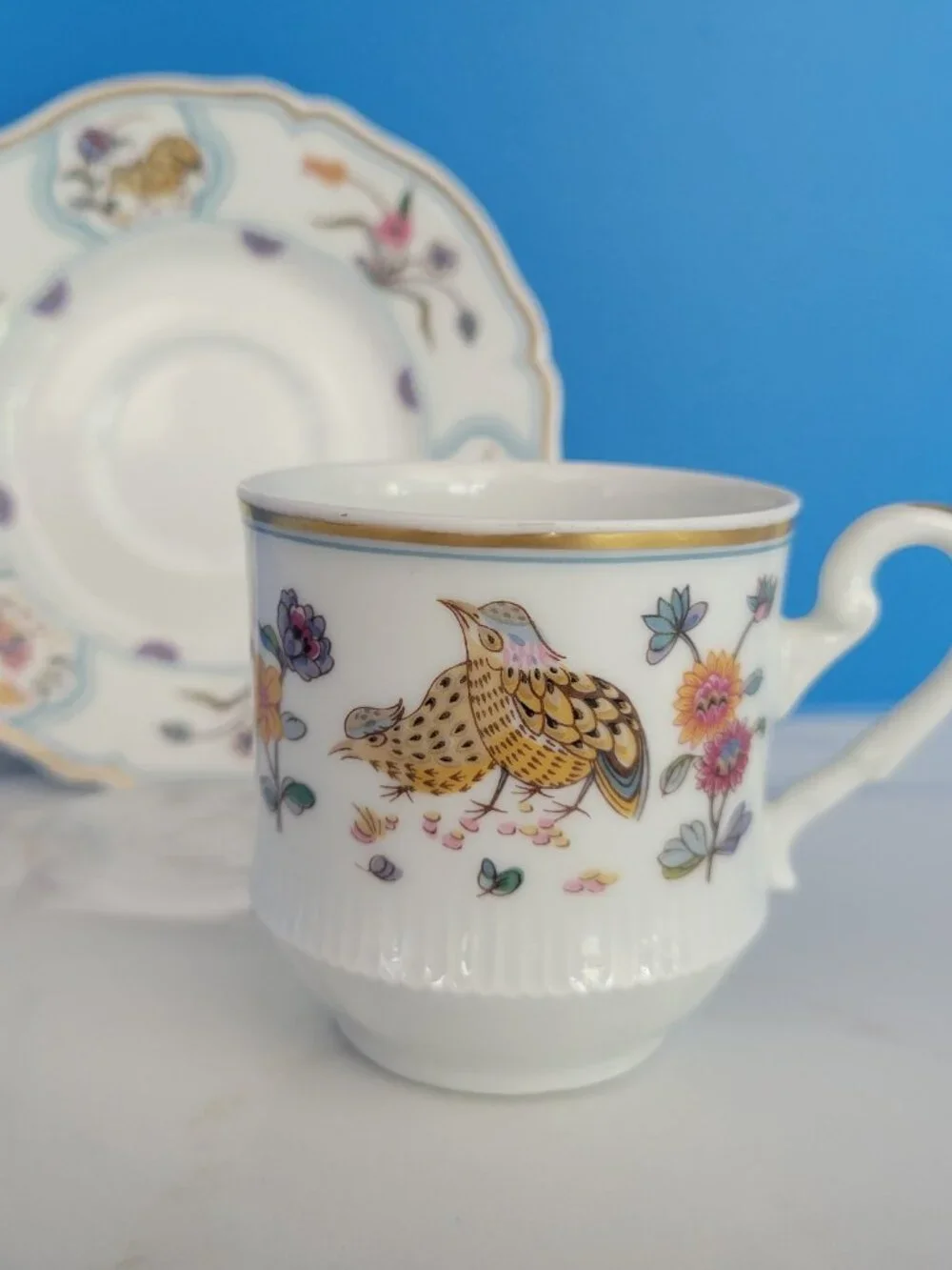 VTG Haviland Limoges France Golden Quail Teacup Saucer Fine China Bird French